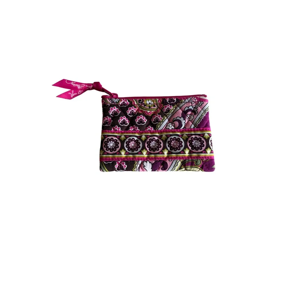 Vera Bradley Coin Purse Pink Purple Paisley Quilted Floral Zip Pouch Ribbon Pull